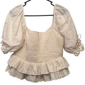 Jacquie the Label Milkmaid Coquette Cream Smocked Ruffled‎ Peplum Top Size Large